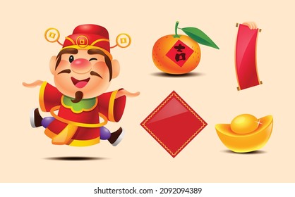 God of wealth character with Chinese New year elements collection. Mandarin orange, gold ingot, chinse scroll and spring couplet 