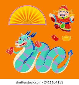 God of Wealth, dragon and CNY decoration isolated on orange background.