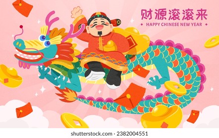 God of wealth and dragon on glowing pink background with fortune decors. Text: Money rolling in.