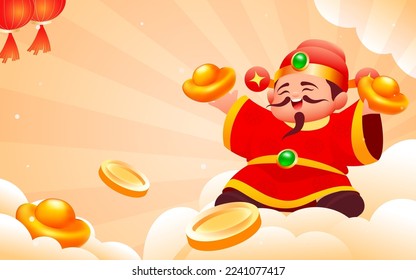 The God of Wealth gives ingots to people in the New Year, with various gold coins and ingots in the background, vector illustration, Chinese translation: Welcome the God of Wealth