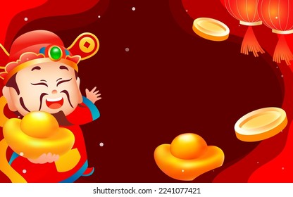 El Dios de la Riqueza da lingotes a la gente en Año Nuevo, con varias monedas de oro y lingotes en el fondo, ilustración vectorial, traducción china: Bienvenida al Dios de la Riqueza