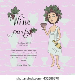 God of wine Bacchus. Invitation on wine tasting, degustation,  toga party. The beautiful young man with a wreath from grapes on the head on a pink background with antique jugs and glasses.