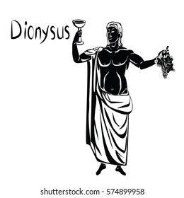 God of wine greek Dionysus or roman Bacchus with a glass of wine and bunch of grapes in his hand black vector illustration isolated on a white or transparent background. Loincloth