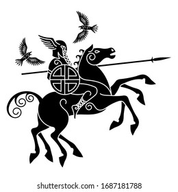 God Wotan, riding on a horse Sleipnir with a spear and two ravens. Illustration of Norse mythology, isolated on white, vector illustration