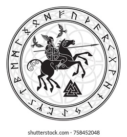 God Wotan, riding on a horse Sleipnir with a spear and two ravens in a circle of Norse runes. Illustration of Norse mythology, isolated on white, vector illustration