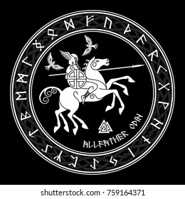 God Wotan, riding on a horse Sleipnir with a spear and two ravens in a circle of Norse runes. Illustration of Norse mythology, isolated on black, vector illustration