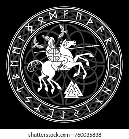 God Wotan, riding on a horse Sleipnir with a spear and two ravens in a circle of Norse runes. Illustration of Norse mythology, isolated on black, vector illustration