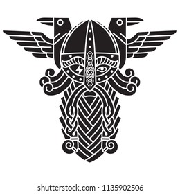 God Wotan and two ravens. Illustration of Norse mythology, isolated on white, vector illustration