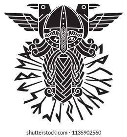 God Wotan, two ravens and norse runes. Illustration of Norse mythology, isolated on white, vector illustration