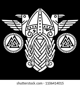 God Wotan and two ravens and runes shields. Illustration of Norse mythology, isolated on black, vector illustration
