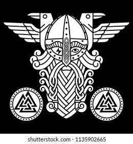 God Wotan and two ravens and runes shields. Illustration of Norse mythology, isolated on black, vector illustration