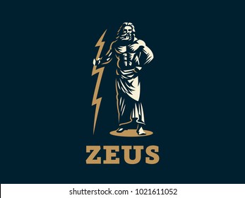 God Zeus is holding lightning. Vector emblem.