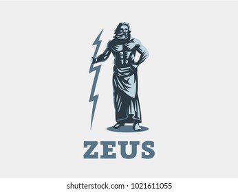 God Zeus is holding lightning. Vector emblem.