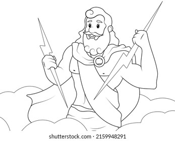 God, Zeus in the sky with lightning in his hand. Page outline of cartoon. Vector illustration, coloring book for kids.