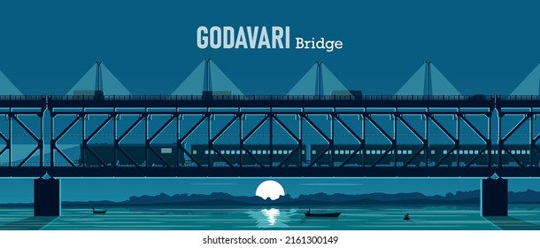 Godavari Bridge In Night, Landscape Background, Steam locomotive, vacation, mountain landscape, railway, adventure. The bridge across the river. Train bridge