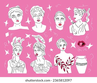 Goddes y2k or 2000s style collection. Aesthetic set of antique greek women with red lips from 90s. Trendy retro characters  statues and bust illustrations on pink background. Creative vector 00s. 