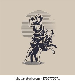 Goddess Artemis or Diana. A woman in a tunic stands next to a deer and pulls out an arrow from a quiver.