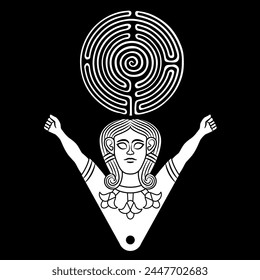 Goddess Astarte with raised hands holding a round spiral maze or labyrinth symbol. Ancient Near Eastern female deity. Feminist design. Black and white silhouette.