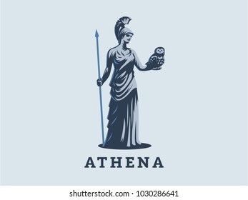 The goddess Athena holds an owl and a spear in her hand.