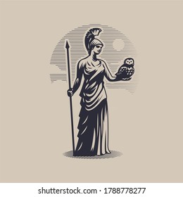 Goddess Athena Minerva  Woman in tunic   helmet  A spear in one hand  an owl in the other 