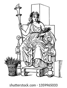 The Goddess Ceres seated while holding a torch, vintage line drawing or engraving illustration.