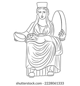 Goddess Cybele. Antique sculpture. Black and white linear silhouette.