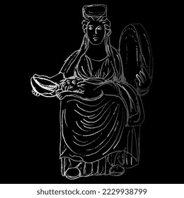 Goddess Cybele. Antique sculpture. Hand drawn linear doodle rough sketch. Gray silhouette on black background.