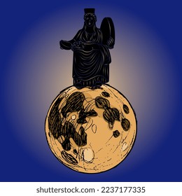 Goddess Cybele sitting on a shining full moon. Great mother archetype. Creative feminist concept.