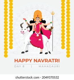 Goddess Durga Devi in Happy Durga Puja Subh Navratri Indian religious illustration of 9 avatars of goddess Durga, Mahagauri Devi