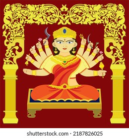 Diosa Durga con ocho manos 
con armas sentadas en la plancha, arco decorativo detrás y pilar en ambos lados sobre fondo de color marrón.
