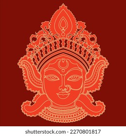 Goddess Durga face in red color on maroon color background.