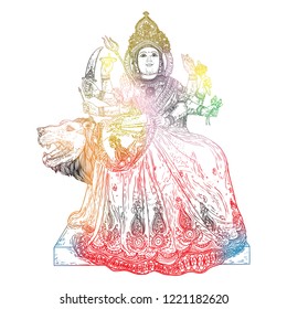 Goddess Durga hand drawn illustration for Happy Durga Puja India festival holiday background, isolated. Vector.
