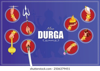 Manos de la diosa Durga en feliz Durga Puja Subh Navratri Anuncio de fondo
