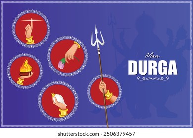 Goddess Durga  hands in Happy Durga Puja Subh Navratri banner background
