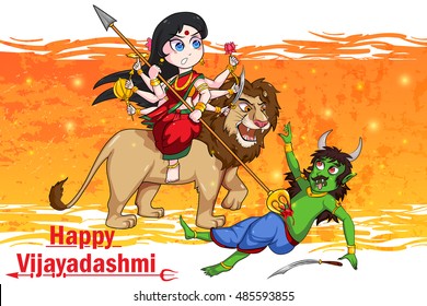 Goddess Durga killing demon Mahishasura for Happy Vijayadashami Dussehra in vector