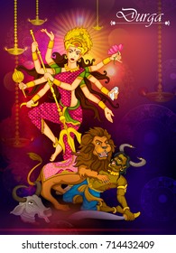 Goddess Durga killing demon Mahishasura for Happy Vijayadashami Dussehra in vector