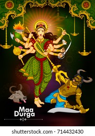 Goddess Durga killing demon Mahishasura for Happy Vijayadashami Dussehra in vector