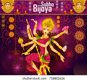 Goddess Durga killing demon Mahishasura for Happy Vijayadashami Dussehra in vector