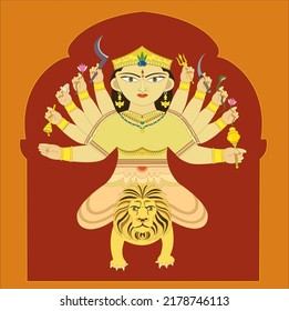Diosa Durga con diez manos con armas sentadas en león sobre fondo de marrón y arco color naranja alrededor.