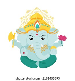 Goddess Ganesha is the Indian god of wealth and abundance. Vector cartoon illustration isolated on white background.