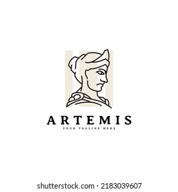 Goddess greek artemis logo design, line art monoline style vector template