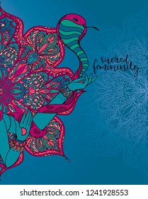 goddess hands with snake and bless on mandala pattern, poster for sacred feminity holidays and rituals, vector illustration