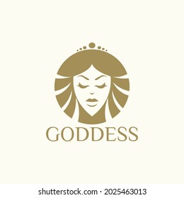 goddess head logo in a circle. with simple crown silhouette vector illustration for logo or mascot icon