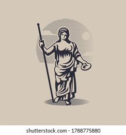 Goddess Hera or Juno. A woman in a tunic with a staff in one hand and a plate in the other.