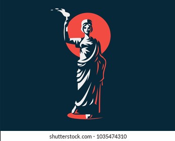 Goddess Hestia or Vesta with a torch in her hands. Vector emblem.