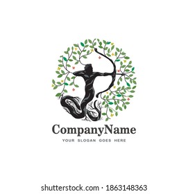 Goddess human snake Archer and tree logo design template. silhouette of a knights archer with round tree concept, suitable for a business logo 