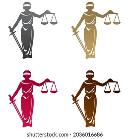 Plantilla con el logotipo de Goddess Justice. Ilustración del vector de iconos temáticos de la diosa griega. Plantilla de diseño de justicia
