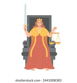 The goddess of justice sits on the throne. In her hands are scales and a sword.Major Arcana tarot card design. Hand drawn cartoon linear flat style. Justice.