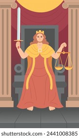 The goddess of justice sits on the throne. In her hands are scales and a sword.Major Arcana tarot card design. Hand drawn cartoon linear flat style. Justice.