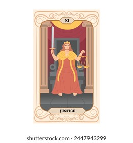 The goddess of justice sits on the throne. In her hands are scales and a sword.Major Arcana tarot card design. Hand drawn cartoon linear flat style. Justice.